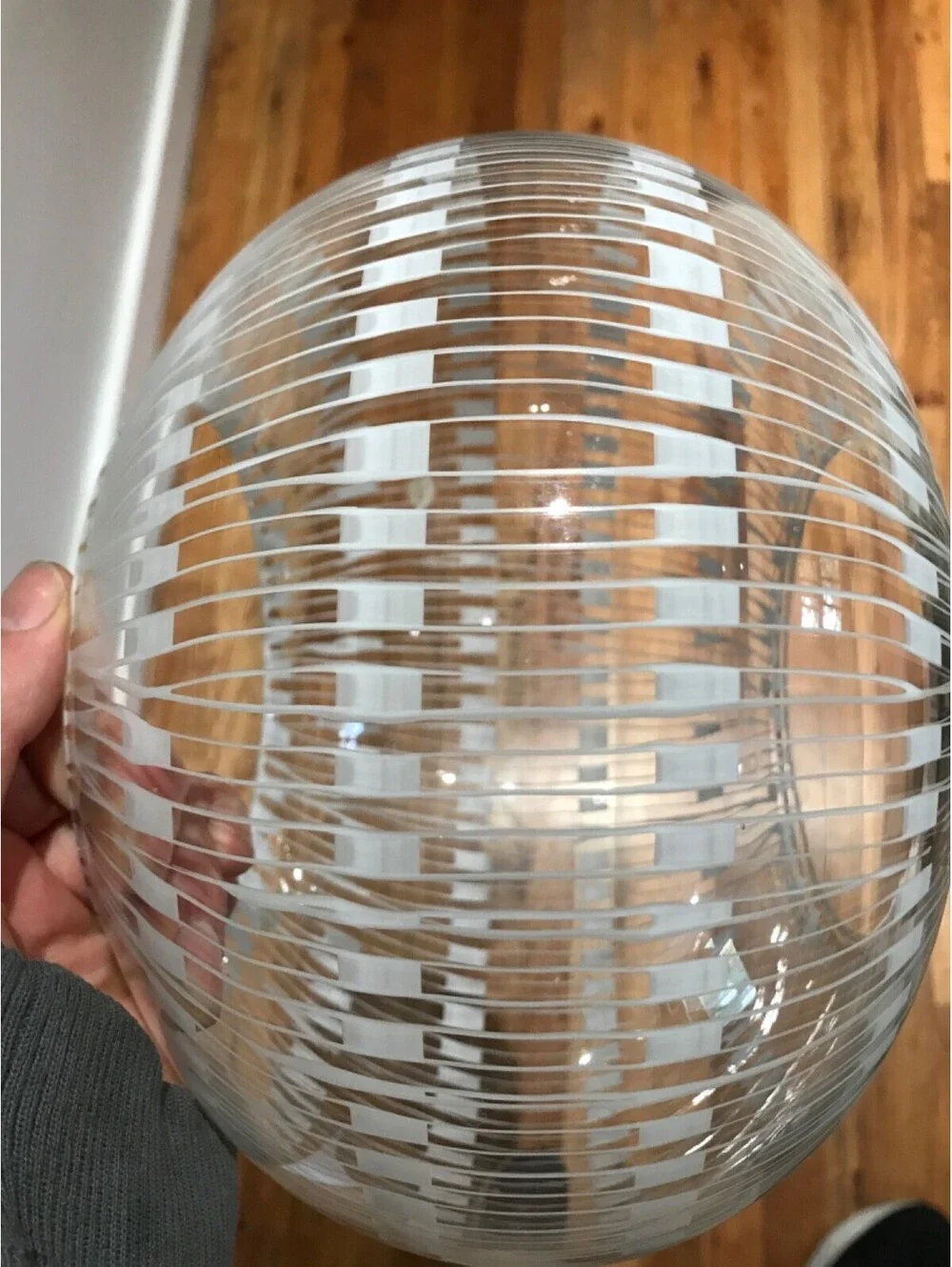 Vintag Clear Mid Century Bohemian Glass Globe Light Shade  White Patterned Decor